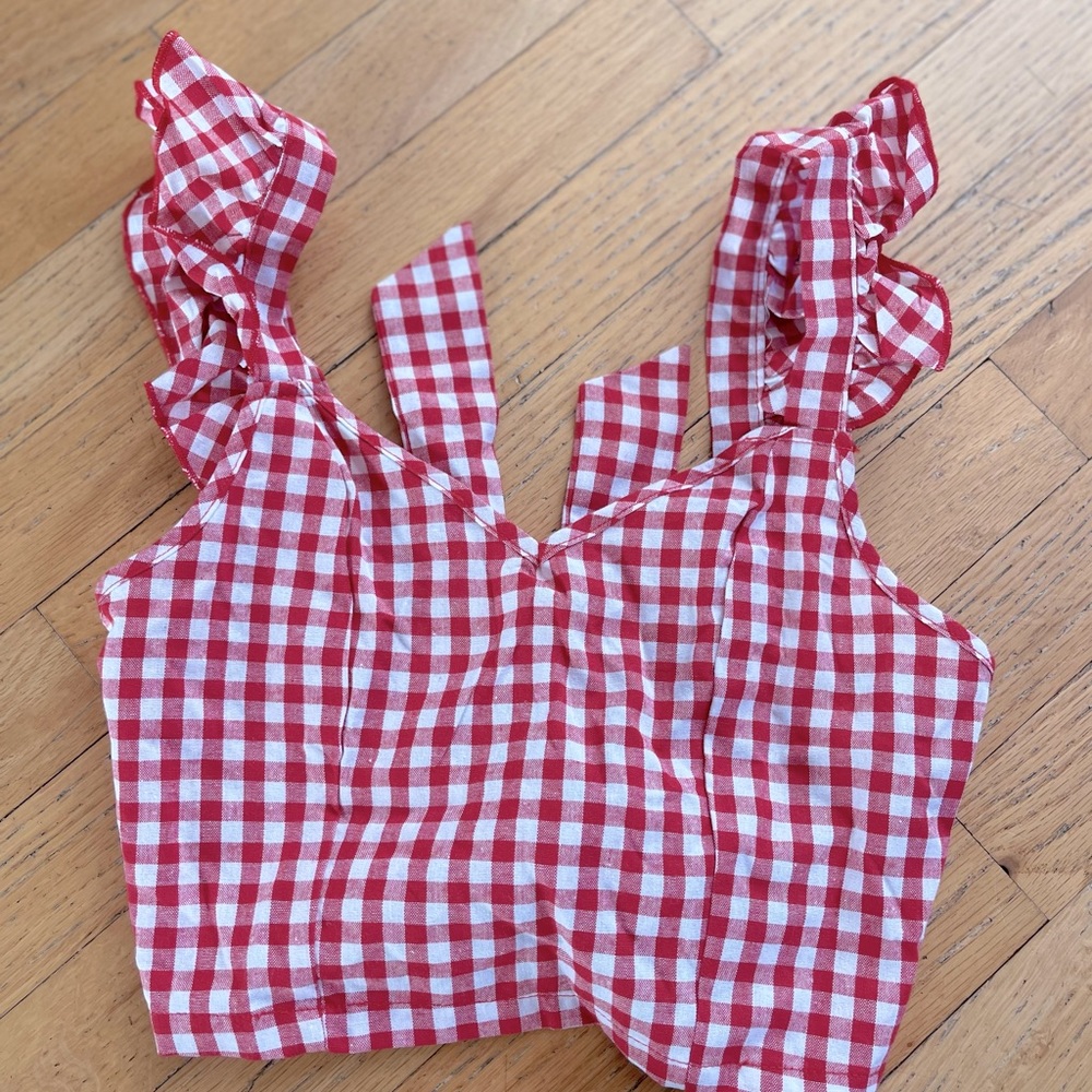 Cropped Gingham Top With Tie Size XS